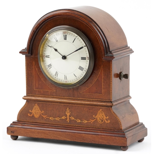 300 - Edwardian inlaid mahogany mantle clock with circular dial enamelled with Roman and Arabic numerals, ... 