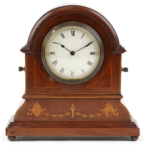 300 - Edwardian inlaid mahogany mantle clock with circular dial enamelled with Roman and Arabic numerals, ... 