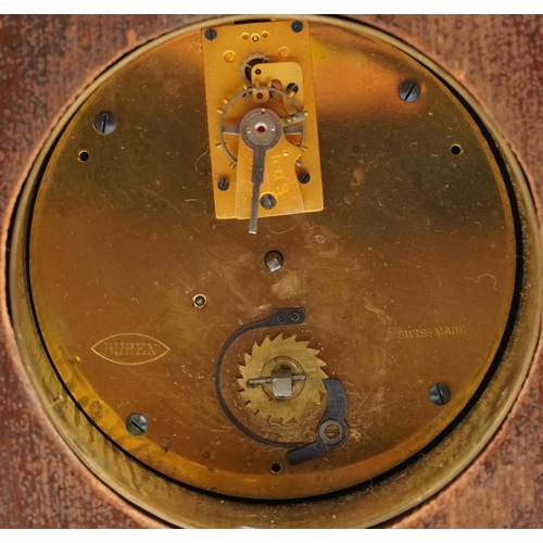 300 - Edwardian inlaid mahogany mantle clock with circular dial enamelled with Roman and Arabic numerals, ... 