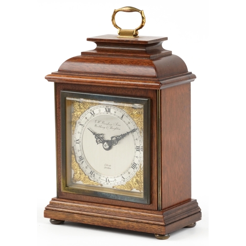 299 - Mahogany cased Elliott bracket type mantle clock with silvered dial and circular chapter ring having... 