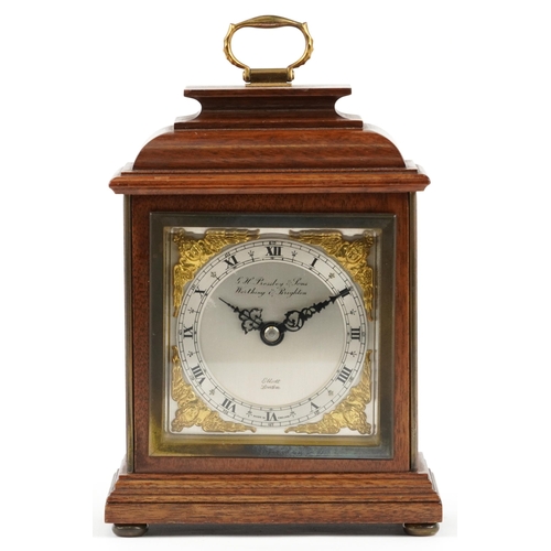 299 - Mahogany cased Elliott bracket type mantle clock with silvered dial and circular chapter ring having... 