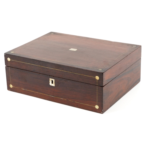 2724 - Victorian brass strung rosewood workbox with mother of pearl inlay, 11.5cm H x 31cm W x 23cm D