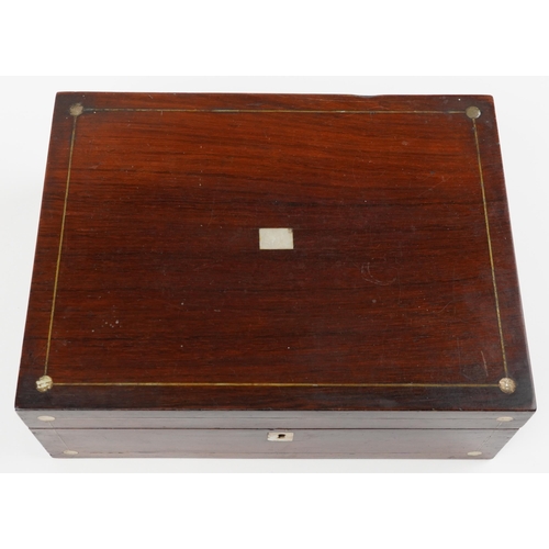 2724 - Victorian brass strung rosewood workbox with mother of pearl inlay, 11.5cm H x 31cm W x 23cm D