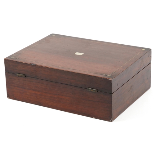 2724 - Victorian brass strung rosewood workbox with mother of pearl inlay, 11.5cm H x 31cm W x 23cm D