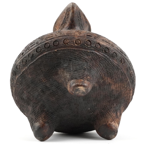 415 - African tribal interest Maragoli clay three footed vessel with animalia lid profusely incised with g... 