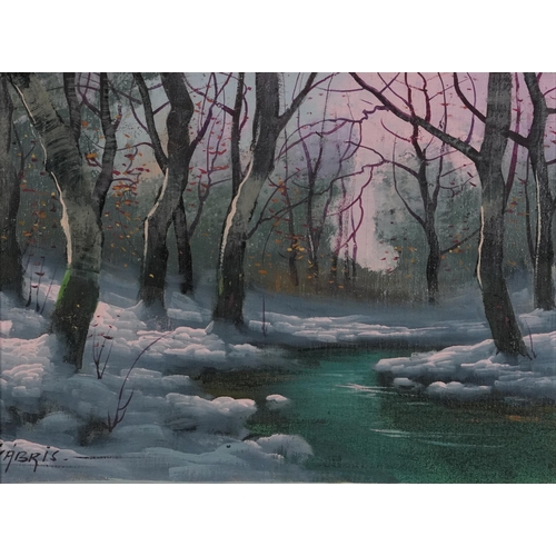 2374 - Gabris - Winter scene, 1970s oil on canvas, mounted and framed, 39.5cm x 29cm excluding the mount an... 