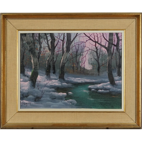 2374 - Gabris - Winter scene, 1970s oil on canvas, mounted and framed, 39.5cm x 29cm excluding the mount an... 