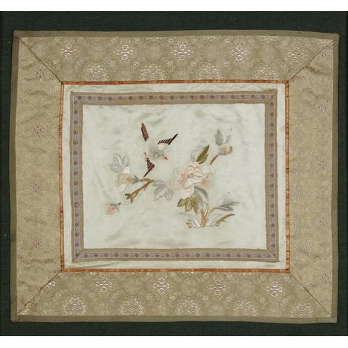 2287 - Chinese silk panel embroidered with a bird amongst flowers, mounted and framed, 30cm x 26.5cm exclud... 