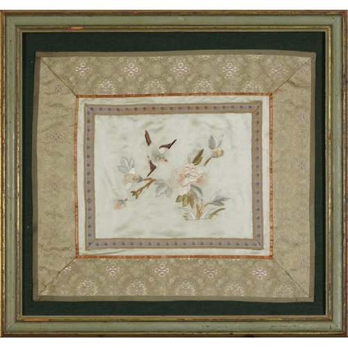 2287 - Chinese silk panel embroidered with a bird amongst flowers, mounted and framed, 30cm x 26.5cm exclud... 