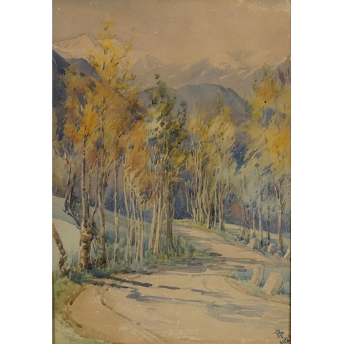 2375 - Ione Burrows 1927 - Path through woodland before Swiss Alps, early 20th century watercolour, mounted... 