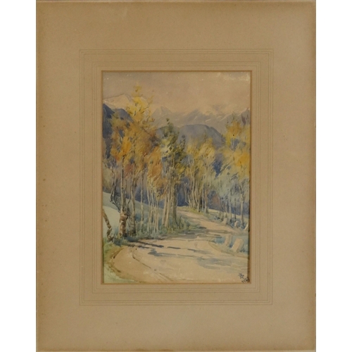 2375 - Ione Burrows 1927 - Path through woodland before Swiss Alps, early 20th century watercolour, mounted... 