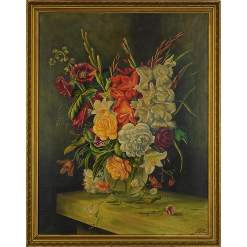 2405 - Still life flowers in a vase, oil on canvas, framed, 65cm x 49.5cm excluding the frame