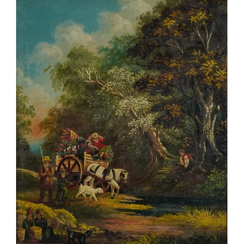 2351 - Figures in a horse drawn cart beside water, 19th century oil on wood panel, framed, 24.5cm x 21cm ex... 