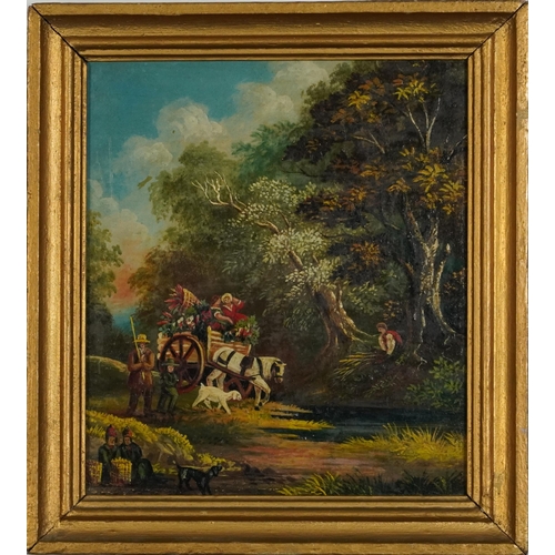 2351 - Figures in a horse drawn cart beside water, 19th century oil on wood panel, framed, 24.5cm x 21cm ex... 