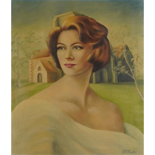 2100 - Top half portrait of a female, 1970s pin-up style oil on canvas, framed, 54cm x 44.5cm excluding the... 