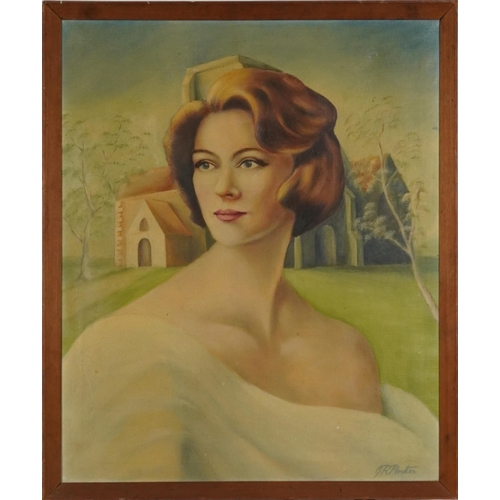 2100 - Top half portrait of a female, 1970s pin-up style oil on canvas, framed, 54cm x 44.5cm excluding the... 