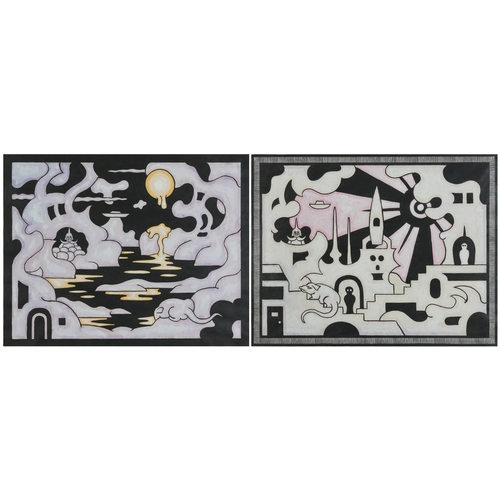 2053 - Robert Emmett (Tosh) 1975 - Abstract compositions, surreal landscapes, pair of mixed medias, framed ... 