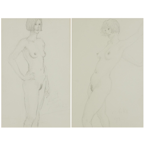 2133 - Standing nude females, Near pair of pencil pencils, indistinctly inscribed and signed, one with John... 