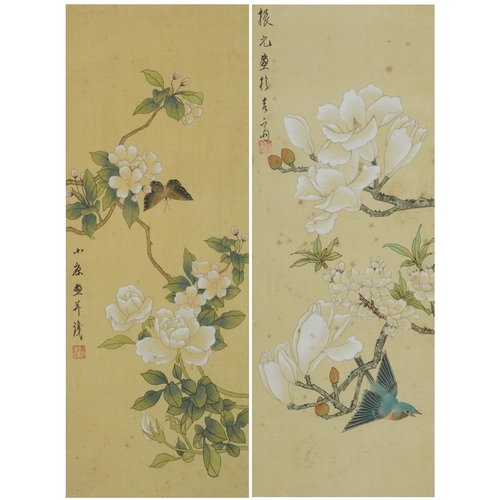 2284 - Butterflies and birds amongst flowers, pair of Chinese watercolours on silk, signed with red seal ma... 