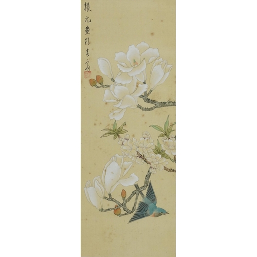 2284 - Butterflies and birds amongst flowers, pair of Chinese watercolours on silk, signed with red seal ma... 