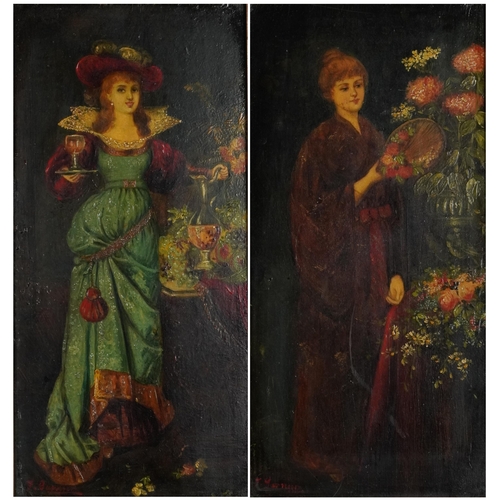 565 - F Garnier - Females beside flowers, pair of European Pre-Raphaelite oil on wood panels, each with in... 