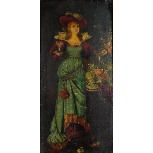 565 - F Garnier - Females beside flowers, pair of European Pre-Raphaelite oil on wood panels, each with in... 