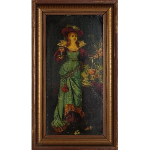 565 - F Garnier - Females beside flowers, pair of European Pre-Raphaelite oil on wood panels, each with in... 