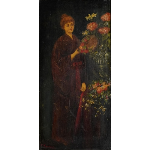 565 - F Garnier - Females beside flowers, pair of European Pre-Raphaelite oil on wood panels, each with in... 