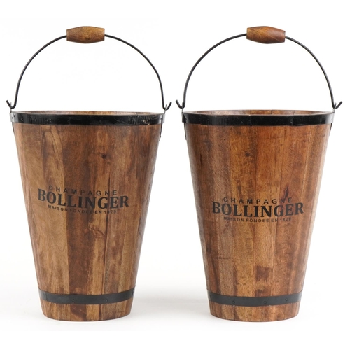 577 - Pair of Bollinger design hardwood Champagne buckets with metal mounts and swing handles, each 40cm h... 