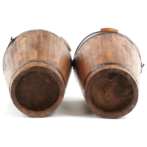 577 - Pair of Bollinger design hardwood Champagne buckets with metal mounts and swing handles, each 40cm h... 