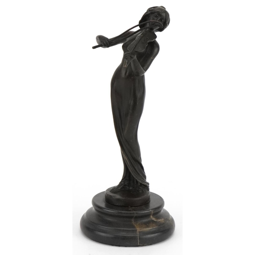 485 - Patinated bronze statuette of an Art Nouveau female playing a violin raised on a circular marbleised... 