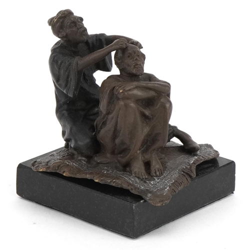 2612 - After Franz Xaver Bergmann, cold painted bronze figure group of a barber raised on a square black ma... 