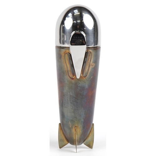 2325 - Art Deco style silver plated cocktail shaker in the form of an aeroplane bomb, 24.5cm high