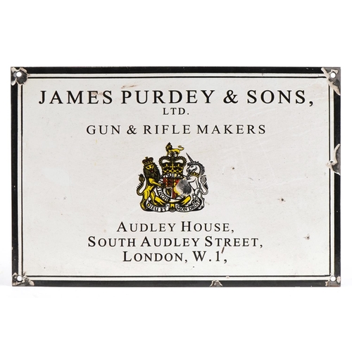 2548 - Shooting interest James Purdey & Sons Gun and Rifle Makers enamel advertising sign, 38cm x 25.5cm