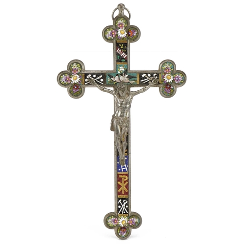 621 - 19th century Grand Tour micro mosaic crucifix pendant inlaid with birds and flowers, 3.5cm excluding... 