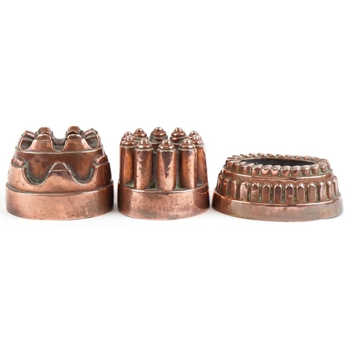 30 - Three Victorian copper jelly moulds including two by Benham & Froud numbered 331 and 615, the larges... 