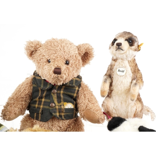 1202 - Three Harrod's teddy bears and two Steiff examples comprising Mungo the Meerkat and Manschli the Pan... 