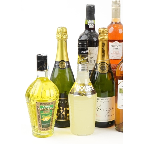 2608 - Collection of table wines and Champagne including La Castelia Prosecco and Archer's Peach Schnapps