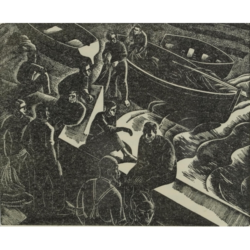 41 - Iain Macnab - Sareline Fishers, Conversation Piece and Porto Fino Fishermen, three wood engravings, ... 