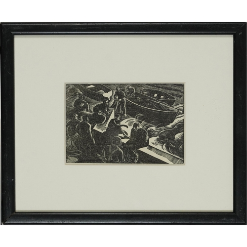 41 - Iain Macnab - Sareline Fishers, Conversation Piece and Porto Fino Fishermen, three wood engravings, ... 