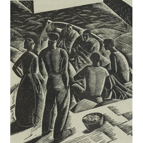 41 - Iain Macnab - Sareline Fishers, Conversation Piece and Porto Fino Fishermen, three wood engravings, ... 