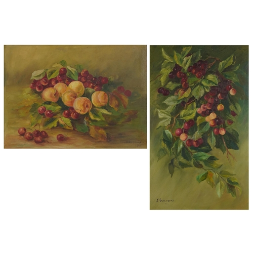 2371 - J Guillaume - Still life fruit amongst foliage, two early 20th century oil on canvases, framed, the ... 