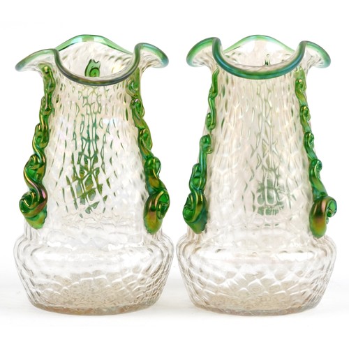 17 - Loetz, pair of Bohemian Martele iridescent glass vases with handles, each 16.5cm high