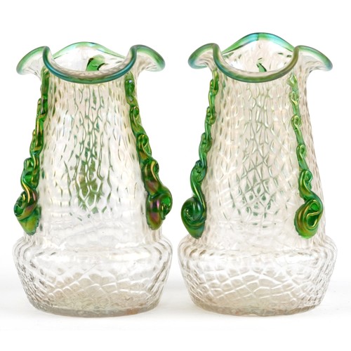 17 - Loetz, pair of Bohemian Martele iridescent glass vases with handles, each 16.5cm high