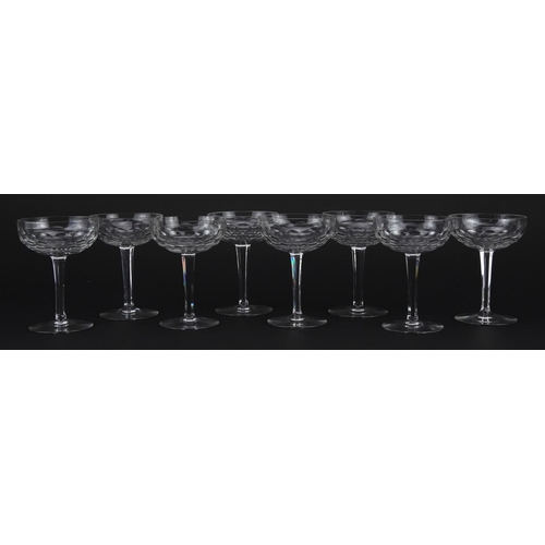 2290 - Baccarat, Set of eight French crystal cut Champagne coupe glasses, 13cm high