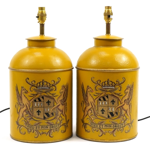 2442 - Pair of Toleware metal lamps, each hand painted with heraldic crests, each 45cm high including fitti... 