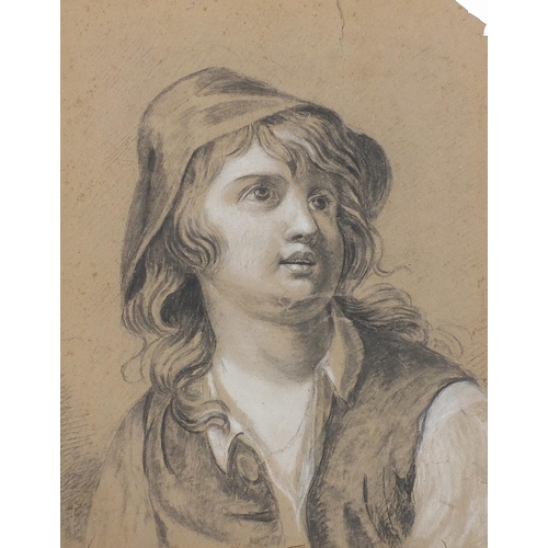 2618 - Head and shoulders portrait of a child wearing a hat, antique French school heightened charcoal on p... 