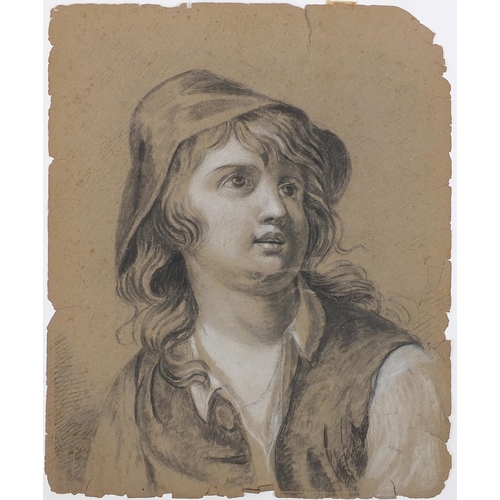 2618 - Head and shoulders portrait of a child wearing a hat, antique French school heightened charcoal on p... 