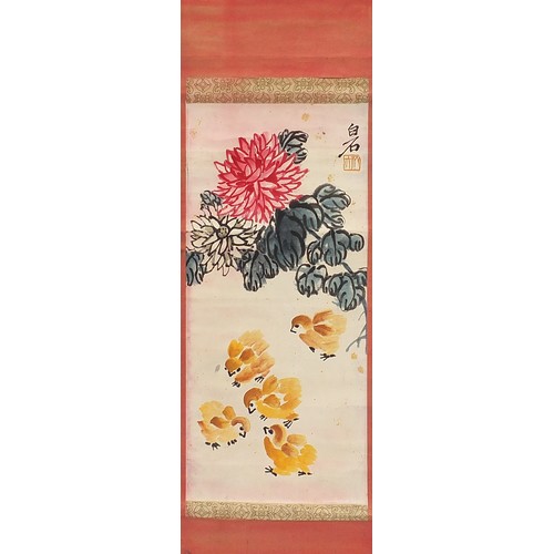 319 - Attributed to Qi Baishi - Chrysanthemums and chicks, Chinese ink and watercolour walll hanging scrol... 