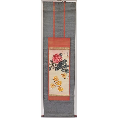 319 - Attributed to Qi Baishi - Chrysanthemums and chicks, Chinese ink and watercolour walll hanging scrol... 